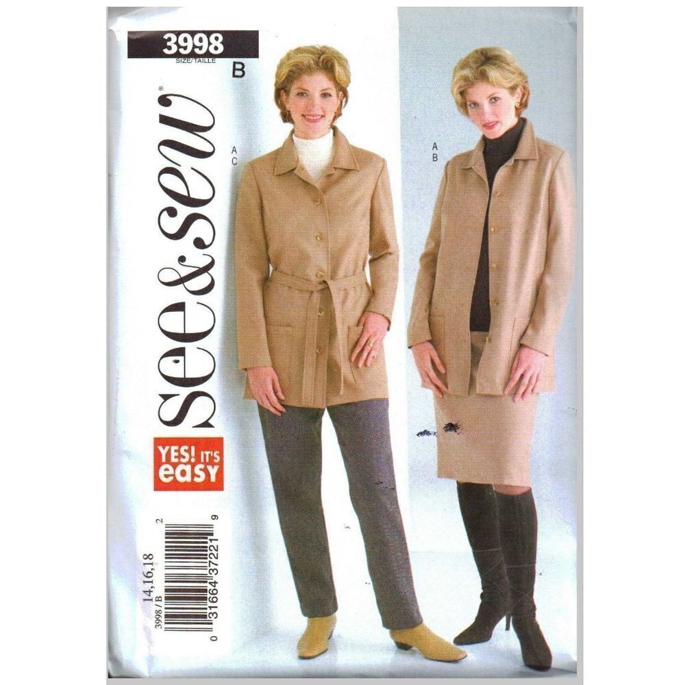 Butterick Sewing Pattern 3998 Misses Jacket Belt‎ Skirt Pants Size 14-18
